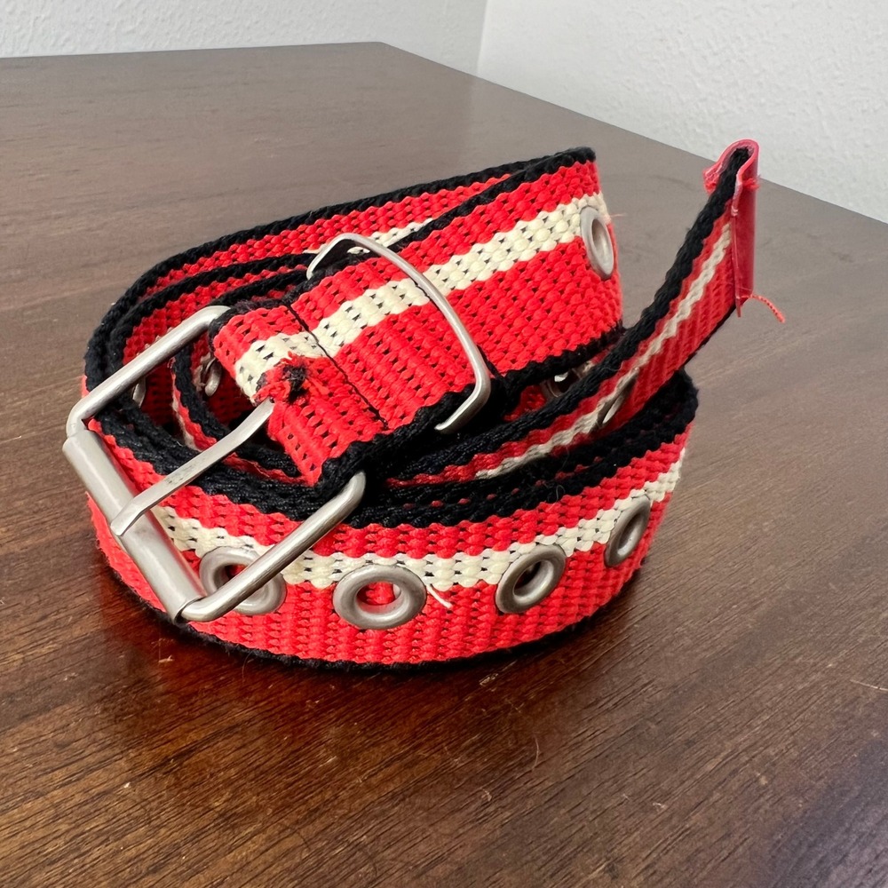 Unisex Red Black White Striped Fabric Grommet Belt Y2K Gorpcore Skater Goth